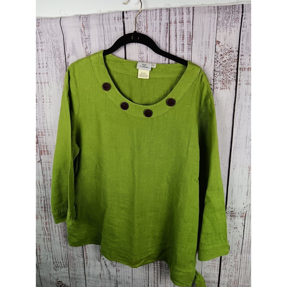 Hot Cotton Tunic Top  Women’s Large Green 3/4 Sleeve 100% Linen Lagenlook